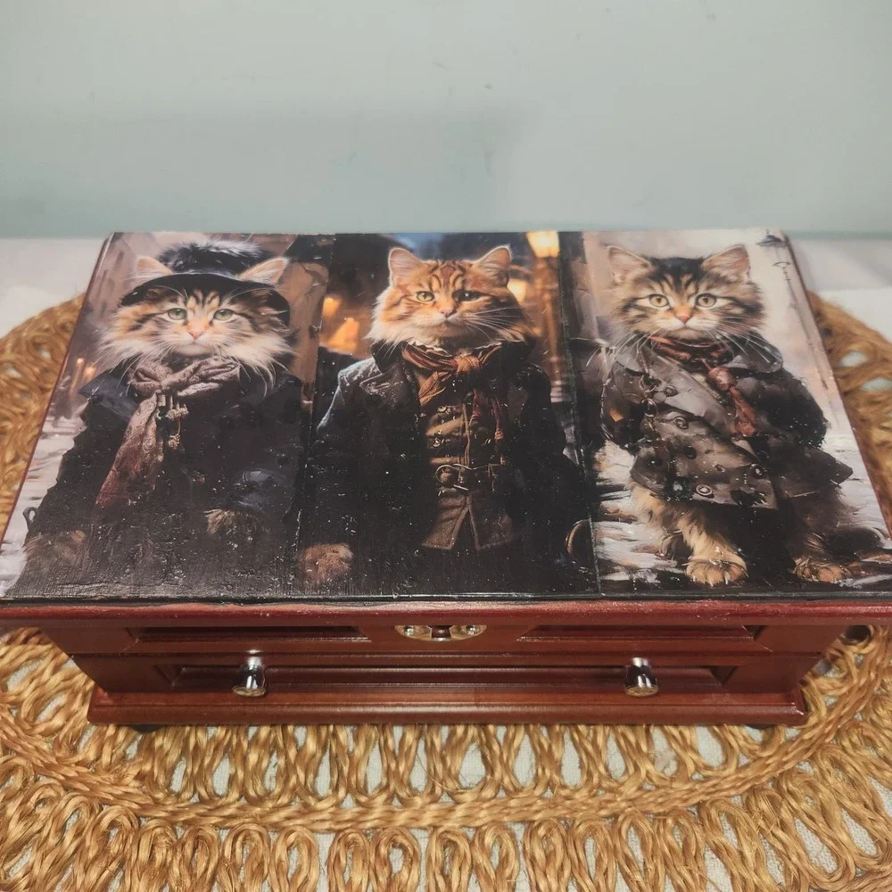 Upcycled Wooden Jewelry Box • Whimsical Victorian Kittens • Red Velvet Lined